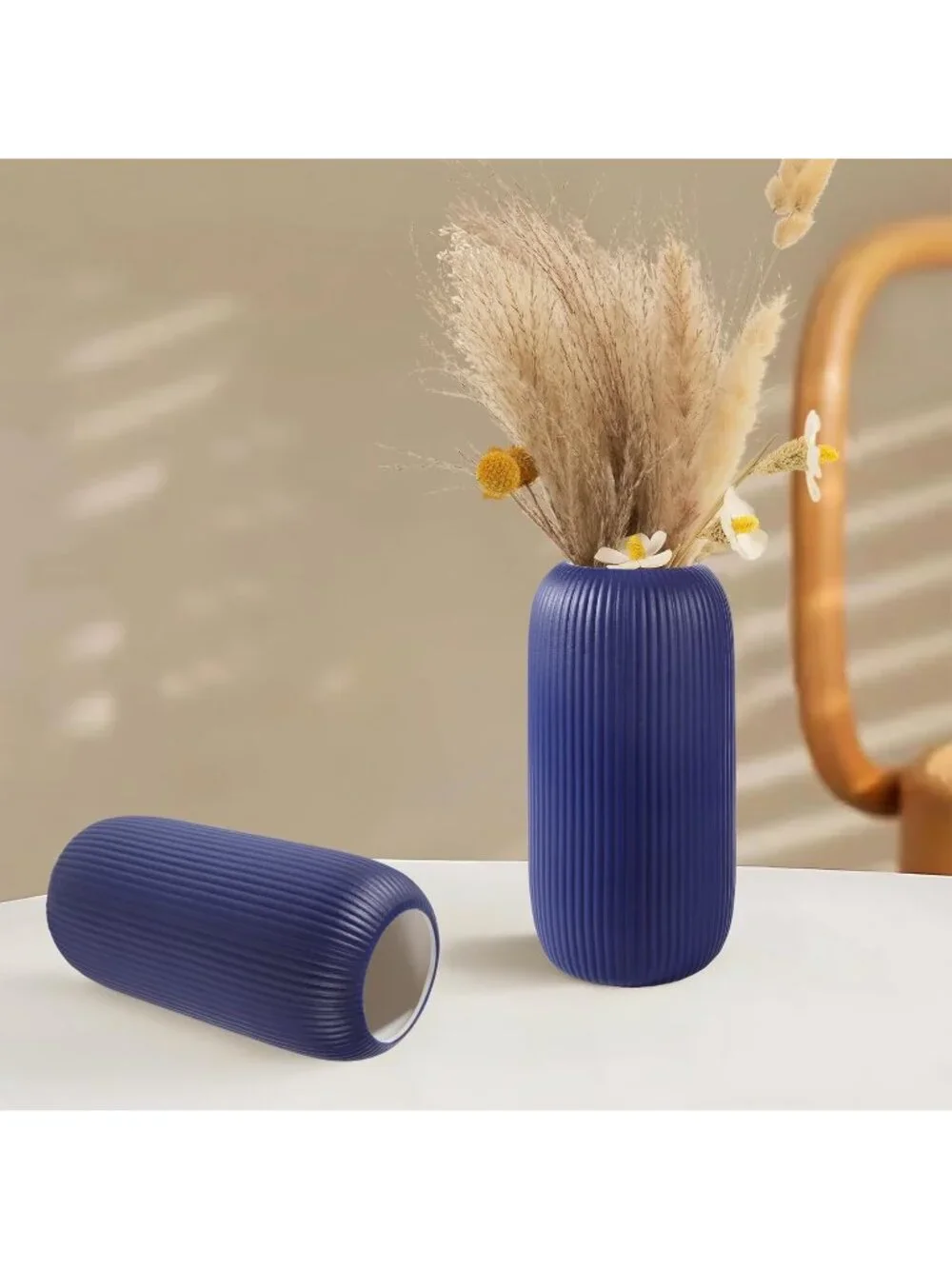 Modern Small Navy Blue Ceramic Vase Flower Ribbed Textured Farmhouse Home Living